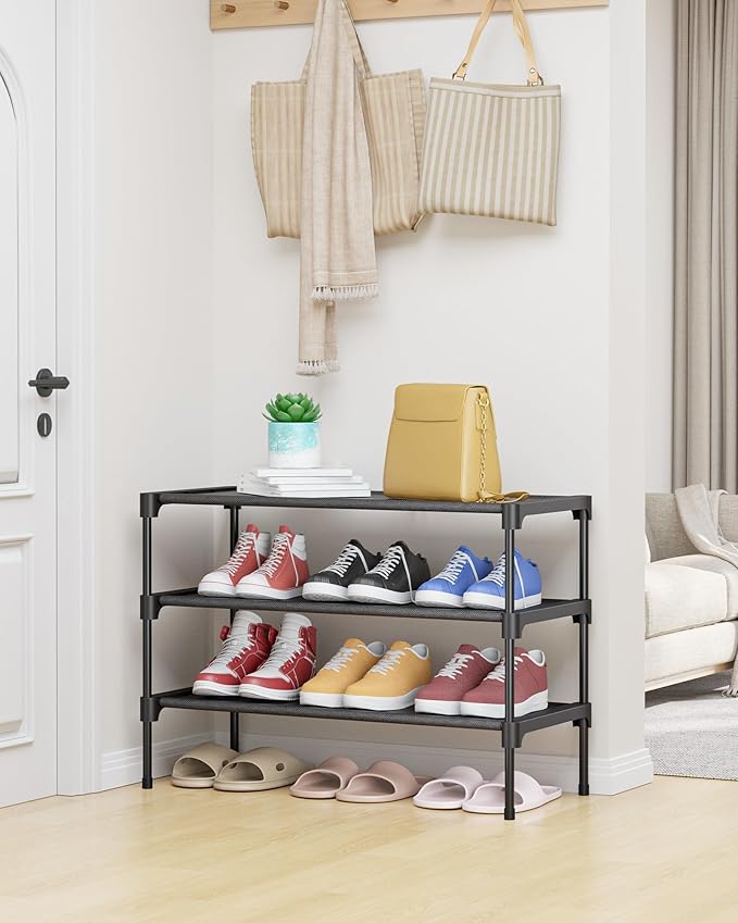 Kitsure Shoe Rack - Non-Woven Shoe Rack Shelf, Shoe Organizer for Closet, Entryway, Garage & Corridor, Stackable Shoe Shelves, 27.5" Wide - 3 Tier, Black