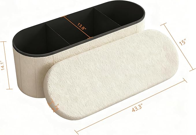 GLAXYFUR Oval Storage Ottoman Bench, Sherpa Foot Rest, 43 Inch Folding Chest for Living Room, Bedroom, White