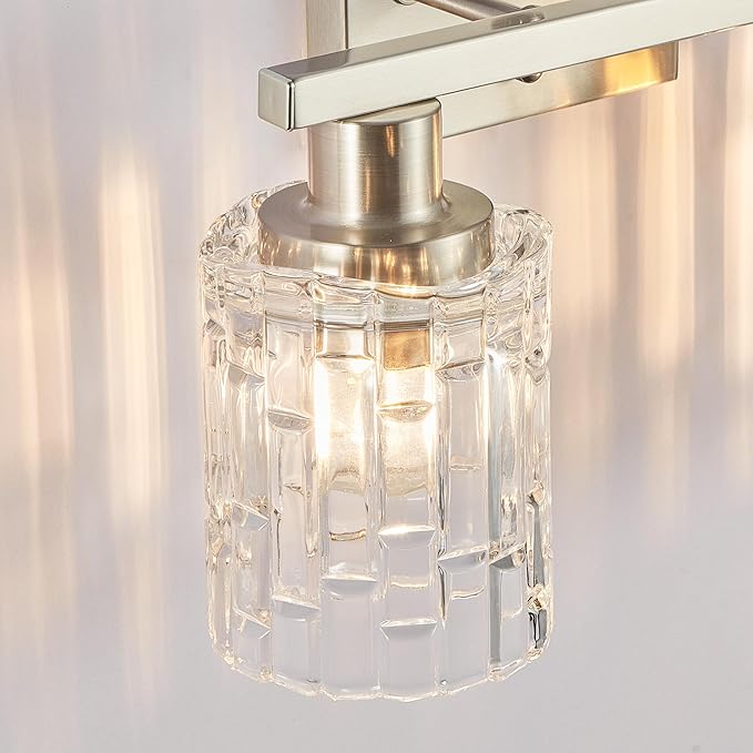 2 Light Brushed Nickel Bathroom Vanity Light Over Mirror, Modern Vanity Lighting with Crystal Glass Shade, Wall Mount Bathroom Light Fixtures, E26 Base