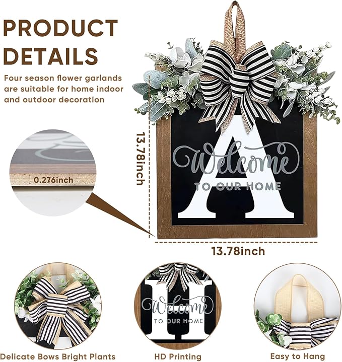 Ultra Large 14'' Last Name All Year Round Front Door Wreath with 26 Initial Letter Welcome Sign All Seasons Eucalyptus Garland and Bow Wreaths for Front Door Porch Farmhouse Decoration (A)