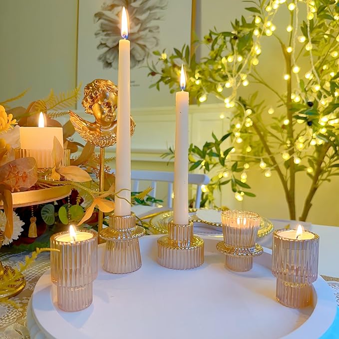 Double Sided Vintage Ribbed Taper Glass Candle Holders,Tea Candle Holder for Table Centerpieces, Wedding Decorations and Dinner Parties (Gold, 6PCS)