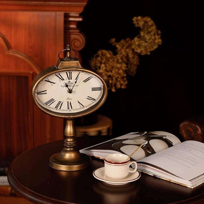 NIKKY HOME Antique Mantel Clock, Gold Retro Desk Clock Silent-Non-Ticking Battery Operated Decorative Desk Table Clock for Home, Office, Living Room, Bed Room