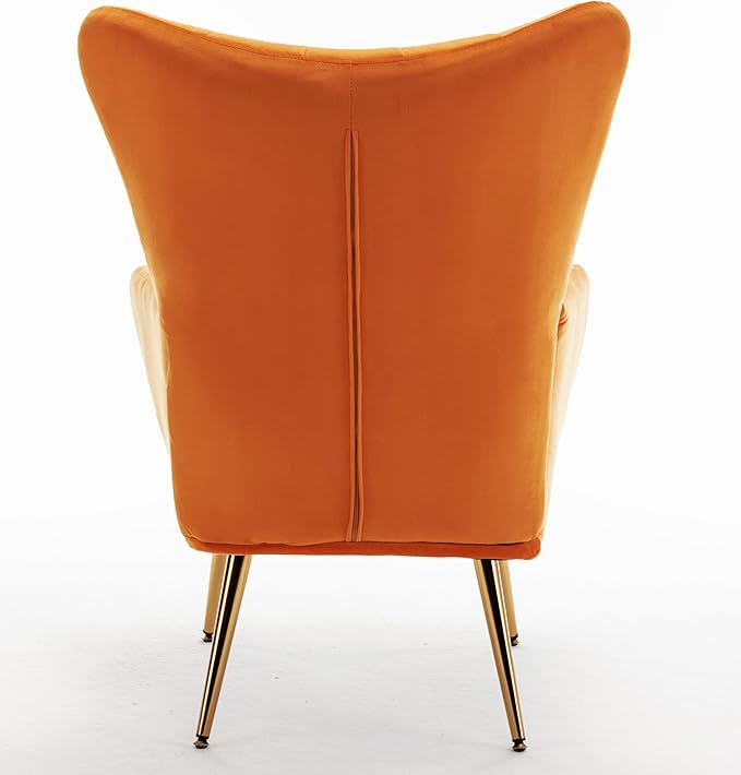 Modern Chic Mid-Century Velvet Accent Armchair for Living Room, Bedroom, or Home Office, Button-Tufted Wingback Design with Gold Flared Legs, Orange