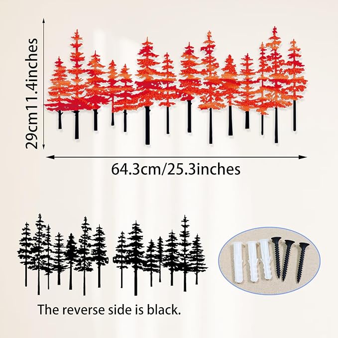 Metal Pine Tree Wall Art Decor Nature Home Decor Cedar Trees Metal Sign Wall Decorations for Living Room, Forest Decor, Nature Lover Gift (Black Red)