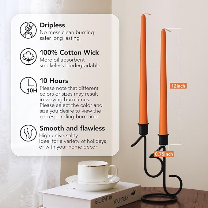 New Burning Formula Unscented Dripless 12-Inch Taper Candles Set of 12 - Orange, for Wedding, Dinner - Smokeless, Long Burning - Hand Poured, Colored Tall Candlesticks - Naranja