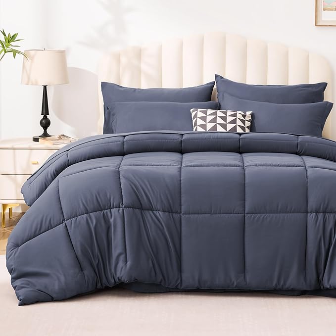 Love's cabin King Size Comforter Set Indigo Blue, 7 Pieces King Bed in a Bag, All Season Bedding Sets with 1 Comforter, 1 Flat Sheet, 1 Fitted Sheet, 2 Pillowcase and 2 Pillow Sham