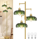 Vintage Floor Lamps for Living Room Bedroom-3 Light Dimmable Gold Floor Lamp with Glass Lampshape, Flower Tall Lamp Modern Mid Century Standing Lamp Green Tree Floor Lamp for Bedroom Corner