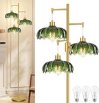 Vintage Floor Lamps for Living Room Bedroom-3 Light Dimmable Gold Floor Lamp with Glass Lampshape, Flower Tall Lamp Modern Mid Century Standing Lamp Green Tree Floor Lamp for Bedroom Corner