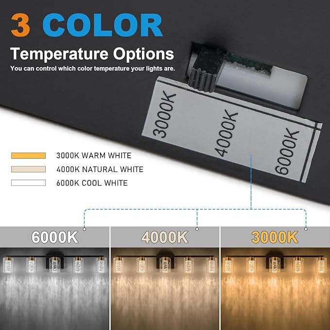 SineRise 5-Light Black and Gold Vanity Light with 3 Color Modes (3000K/4000K/6000K), Eye Protection LED Bathroom Light Fixture, Dimmable Modern Wall Light Over Mirror with Clear Glass Shade