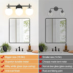 3-Light Bathroom Light Fixtures, Matte Black Vanity Lights for Bathroom with Milky White Glass Ball Shade, 18.9 inch Bathroom Lighting Fixtures Over Mirror, Wall Sconce for Bedroom (Bulb Not Included)