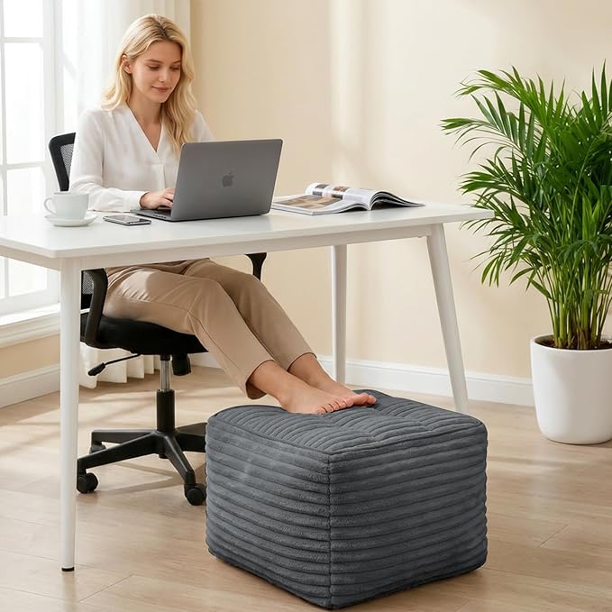 Square Pouf Ottoman, Boho Stuffed Poufs Ottoman Foot Rest with Memory Foam Filled 21.6 x 15.7 inches Modern Corduroy Foot Rest Stool for Living Room, Gray