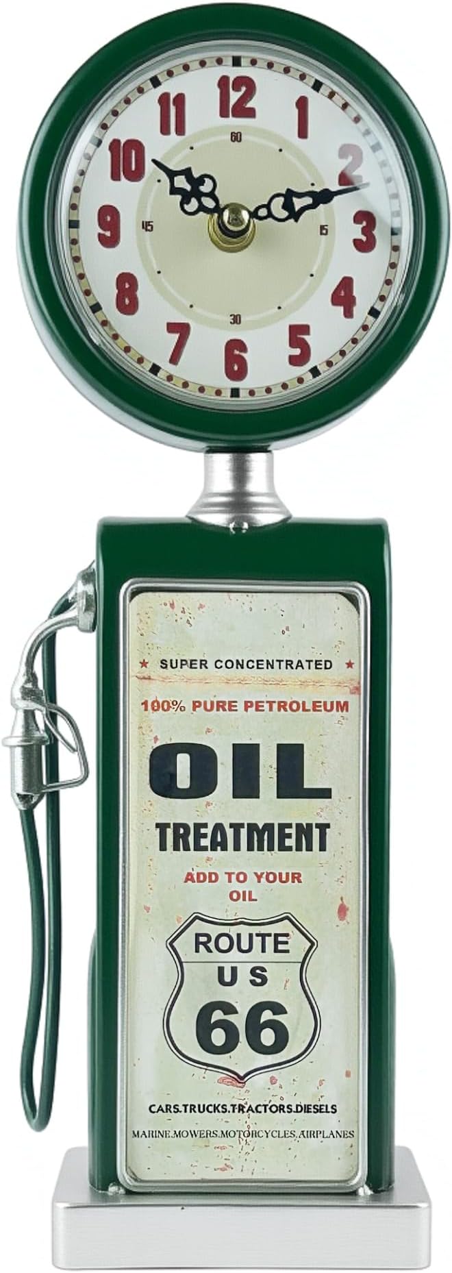Lily's Home Old Fashioned Route 66 Gas Pump Mantle Clock, Silent-Non-Ticking with Quartz Movement, Makes an Ideal Gift for Antique Sign Collectors, Green (13 1/2" x 4 3/4")