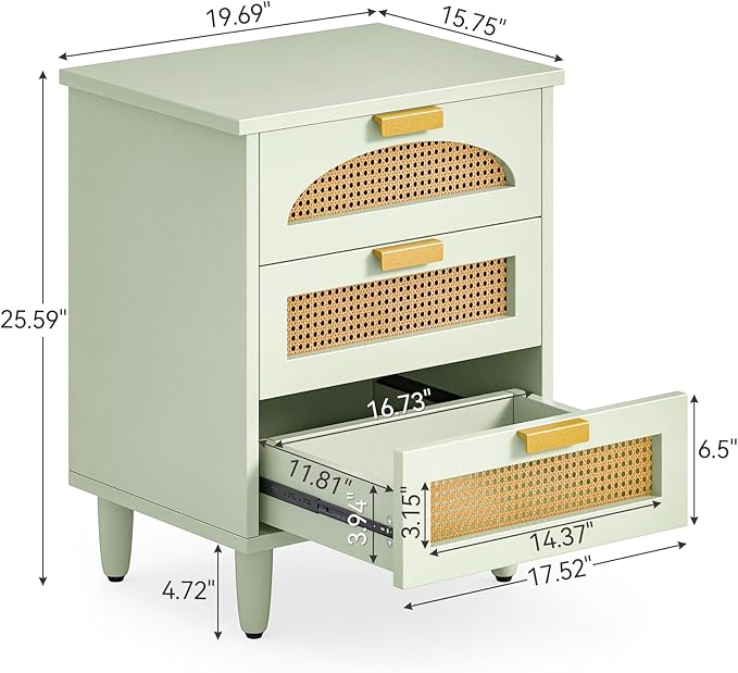 LITTLE TREE Rattan Nightstand, Mint Green End Table with 3 Drawers for Couch, Wooden Bedside Table for Living Room, Bedroom, Easy Assembly