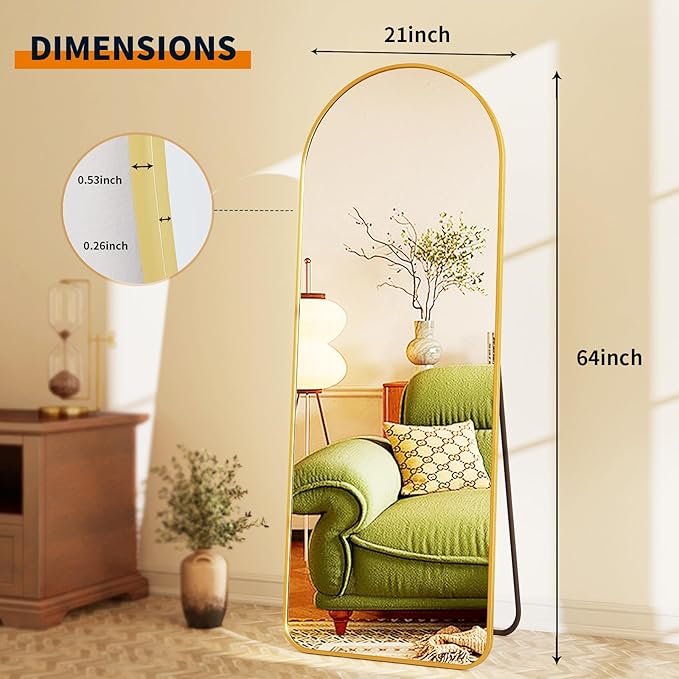 GLSLAND-21x64 inch Full Length Mirror-Aluminum Alloy Frame-Arch Mirror Full Length HD-Full Body for Bedroom or Living Room, Gold
