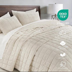 Greek Velvet King Quilt Set, Ultra-Soft Luxe Sheen, 100% Cotton Backing, 150GSM Down-Alternative Fill, Expanded 108×98" Coverage for Fuller Side Drape (1 Quilt + 2 Pillow Shams), Whisper White