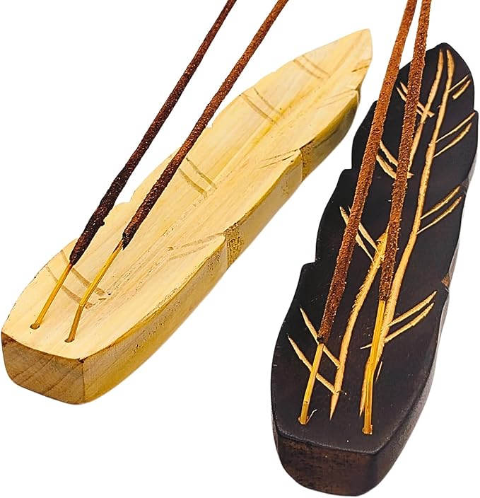 Handmade Wooden Incense Holder - Pack of 2 Incense Holder for Sticks | Double Coloured Leaf Shaped Insence Trays | Natural Mango Wood Insence Holder for Relaxation and Meditation (10 Inch)
