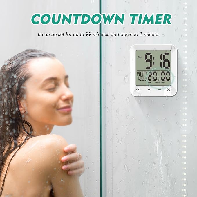 Shower Clock Waterproof, Bathroom Kitchen Wall Clock Timer with Touch Screen, Temperature, Battery Operated, Suction Cup Hanging Hole Stand, White