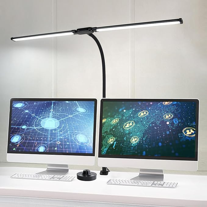 LED Desk Lamp with Two Heads, Clamp On Desk Lamps, 24W, 4000 LMS, CRI>90, 5 Color Modes (2600K-6500K), 10 Brightness Levels, Adapter Included