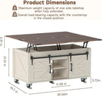 40” Farmhouse Coffee Table Bilateral Lift Top with Sliding Barn Door Movable Rustic Square Center Table with Large Hidden Storage Compartment Lifting Tabletop for Home Living Room,Office (White)