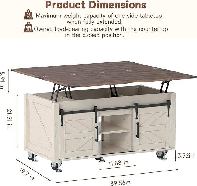 40” Farmhouse Coffee Table Bilateral Lift Top with Sliding Barn Door Movable Rustic Square Center Table with Large Hidden Storage Compartment Lifting Tabletop for Home Living Room,Office (White)