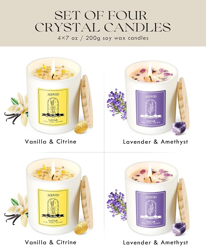 AOOVOO Lavender Candles Set for Women - 4 Pack Candles for Home Scented, 28 oz 200 Hour Long Lasting Aromatherapy Candle with Crystals Inside, Birthday Gifts Valentines Day Candle for Women Mom