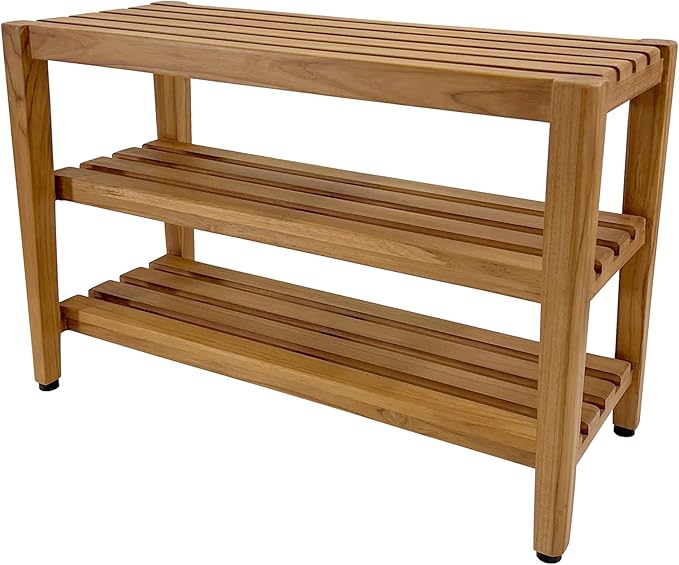 Asta Select Solid Teak 27" Shoe Rack Bench, Teak Entryway Bench, 3-Tier Shoe Storage Organizer, for Entryway, Bedroom, Bathroom and Garden, Fully Assembled, TF-91