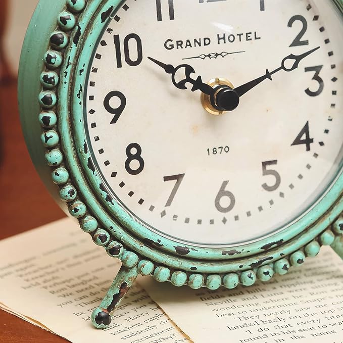NIKKY HOME Antique Table Clock Silent Non-Ticking, Small Shelf Desk Top Clock Battery Operated Rustic Distressed Design, Shabby Chic Home Decor for Fireplace Mantel, Desktop, Countertop- Green