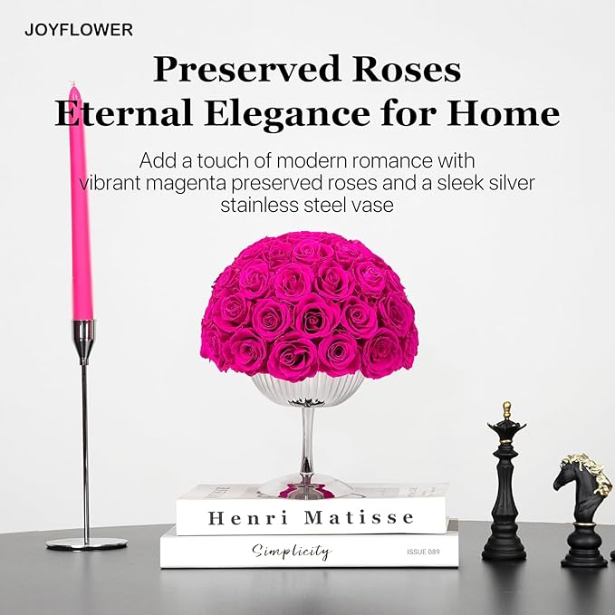 JoyFlower Preserved Flowers Vase Decor, Eternal Flower Stainless Steel Vases for Table Centerpieces, Fuchsia Forever Flower Vases Decorations for Home Party Wedding Bedroom Living Room House Decors