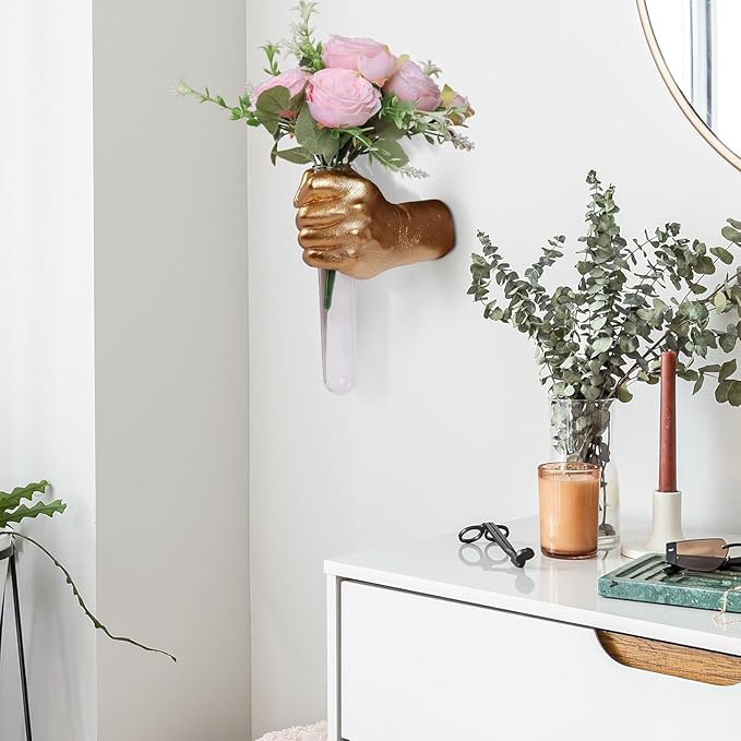 Gold Wall Sculptures, Hand Vases Home Decor, Wall Mount Art Sculpture, Unique Wall Art Statue, Funky Flower Vase Decorations, Modern Eclectic Hanging Decor,Glass Test Tube Vase