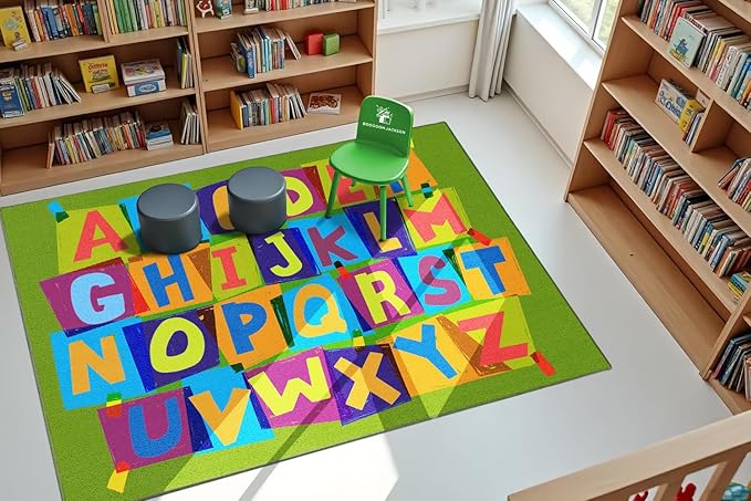 Booooom Jackson Classroom Rug Elementary 6’7'’ x 9', ABC Classroom Carpet Green Preshool Rugs for School, Classroom Area Rug Educational Carpet with Alphabet Non-Slip Backing,