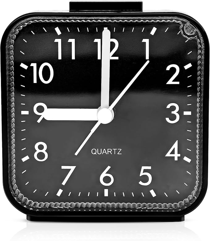 Small Analog Alarm Clock for Bathroom, Black Travel Clock, Battery Operated, Quieter Bedside Dial Clocks for Bedrooms Kitchen, Shelf Desk Clock