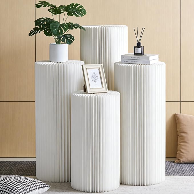 4Pcs Cylinder Display Stand - Foldable Paper Pedestal with Square Acrylic Plate for Shoes & Handbags, Retail Store, Boutique, Home & Wedding Decor, Party Events
