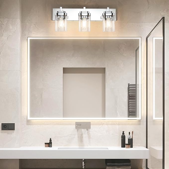 Vanity Light Fixture,3-Light Vanity Light for Bathroom,Chrome Bathroom Vanity Lighting Over Mirror with Square Clear Glass Shade for Restroom