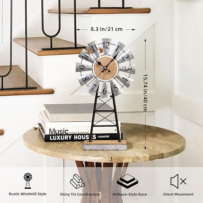 MODE HOME Rustic Windmill Table Clock for Living Room Decor, Vintage Galvanized Metal & Wood Desk Clock with Silent Quartz Movement, Farmhouse Windmill Decor for Living Room, Mantel, Shelf & Office