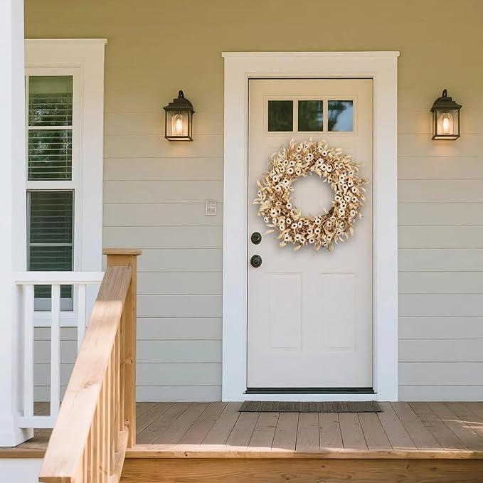 24 Inch White Floral Wreaths for Front Door - Spring Summer Decor with Artificial Eucalyptus, Boxwood & Grain Stems, All Season Farmhouse Wreath for Indoor Outdoor