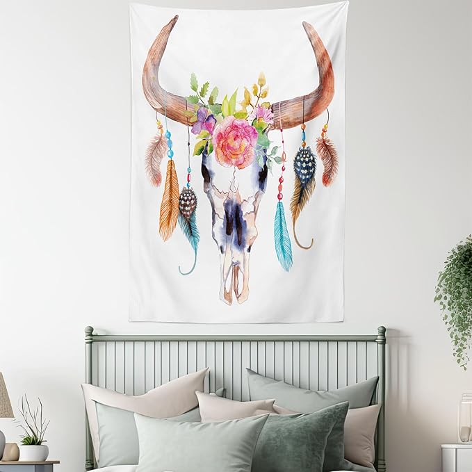 Ambesonne Feather Tapestry, Watercolor Style Bull Skull Ornaments Vibrant Image, Wall Hanging for Bedroom Living Room Dorm Decor, 40" X 60", White Brown