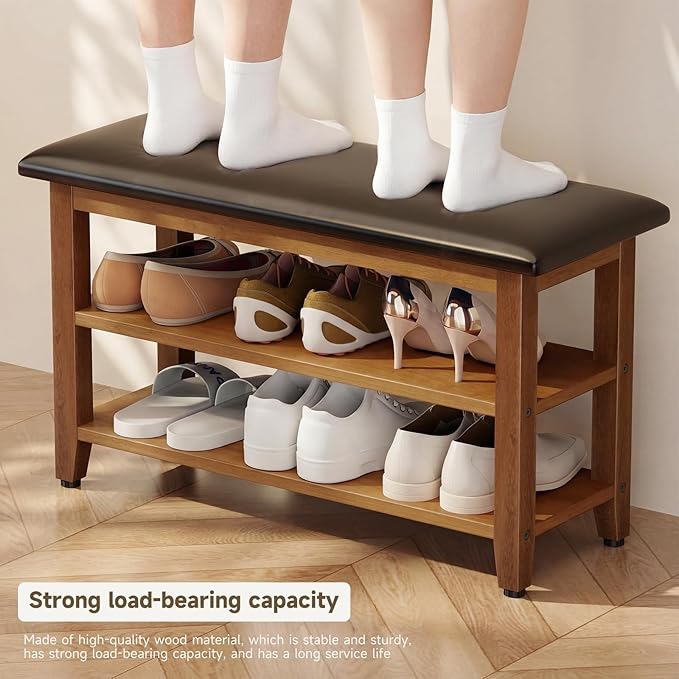 Shoe Bench with Leather Cushion,Wood Bench with Shoe Rack,2-Tier Shoe Storage Organizer for Entryway,Hallway,Living Room (Brown, 2-Tier-31.5")