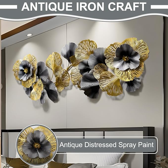 edaknez Extra Large Metal Wall Art, Metal Wall Decor for Living Room, 3D Flower Leaves Wall Decoration, Coastal Nautical Wall Hanging Sculpture, for Indoor Outdoor Black & Gold (B 145x55x6cm)
