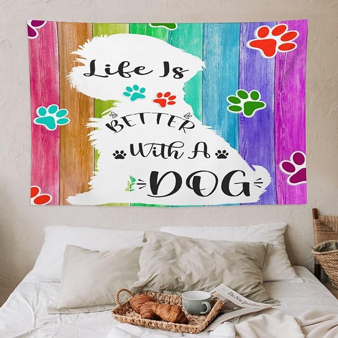 VUMIVI Cute Dog Tapestry Rainbow Color Planks Rustic Farmhouse Home Decor Pet Paws Tapestry Wall Hanging for Living Room Bedroom Dorm Classroom Aesthetic Decor W60xL40in