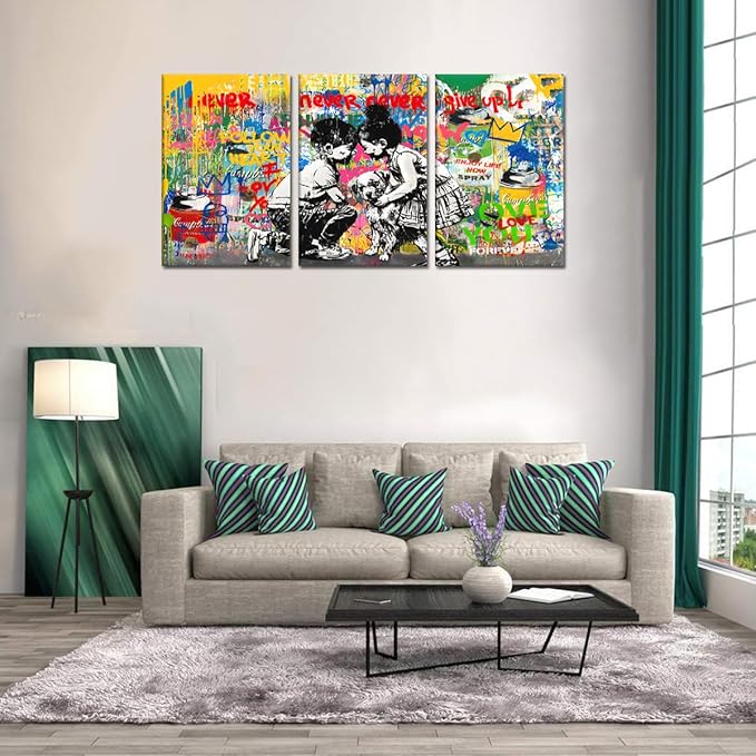 Novatique Banksy Canvas Wall Art Graffiti Pictures Wall Decor Abstract Boy and Girl Street Art Canvas Painting Home Decor Graffiti Art Oil Painting for Living Room Bedroom, 24”x 36”x 3Pcs