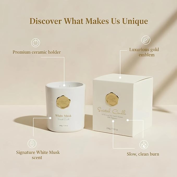 Scented Luxury Candles -Whitemusk-Aromatherapy Jar Candles for Relaxation & Sleep -7 oz- 45 Hours Clean Burn-Hand-Cast -100% Natural Soy Wax-Ideal Gifts