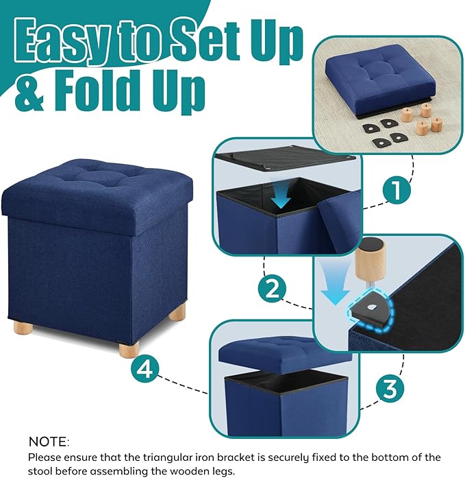 BRIAN & DANY Ottoman with Storage, Square Storage Ottoman for Dorm, Linen Folding Ottoman Foot Stool with Legs for Living Room and Bedroom, 17.7"x17.7"x20" - Blue