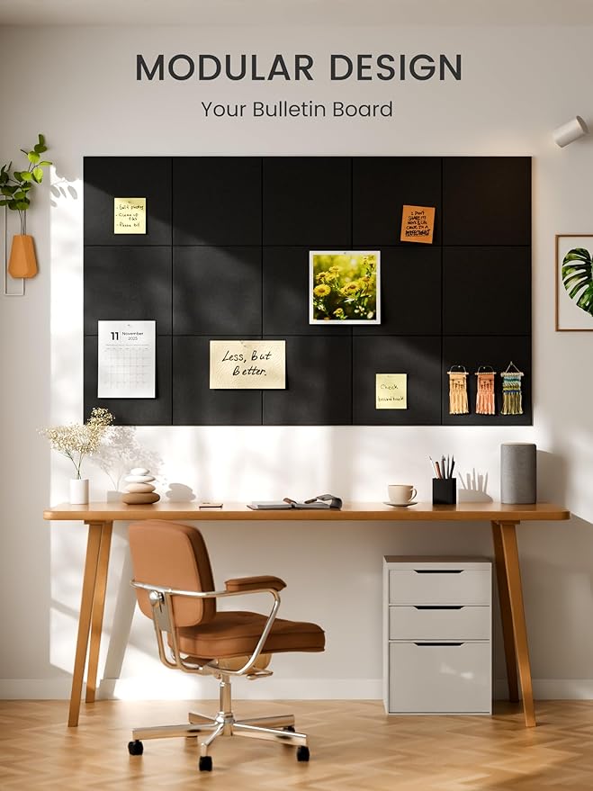 Bumusty Large Cork Board 36" x 24" Alternative - 6 Pack Felt Wall Tiles with 40 Safe Removable Adhesive Tabs, 30 Pushpins, Cork Boards for Walls Pin Board Bulletin Board Office Decor (Black)