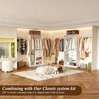 Flrrtenv Organizer with 2 Wooden Drawers and Pull-out Pants Organizer Rod, Walk-in Wood Closet Organizer Wardrobe Clothes Rack with 3 Hanging Rods, Garment Rack, White