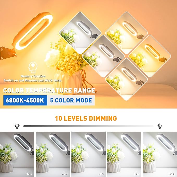 12X Ultra Long 3-Section Swing Arm Lighted Magnifier Lamp, NUEYiO 5.3* 3.2" Square Large Magnifying Glass with Light and Stand, 5 Color Mode, 4-way Metal Clamp Hands-Free Craft Lamp for Sewing Repair