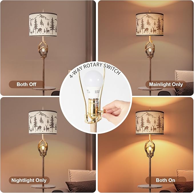 Scenekoy Antlers Style Metal Tray Floor Lamp with Night Light Rustic Standing Lamp with Linen Fabric Shade Farmhouse Vintage Floor Lamp Decor for Living Room Bedroom House Home Office (Bulb Included)