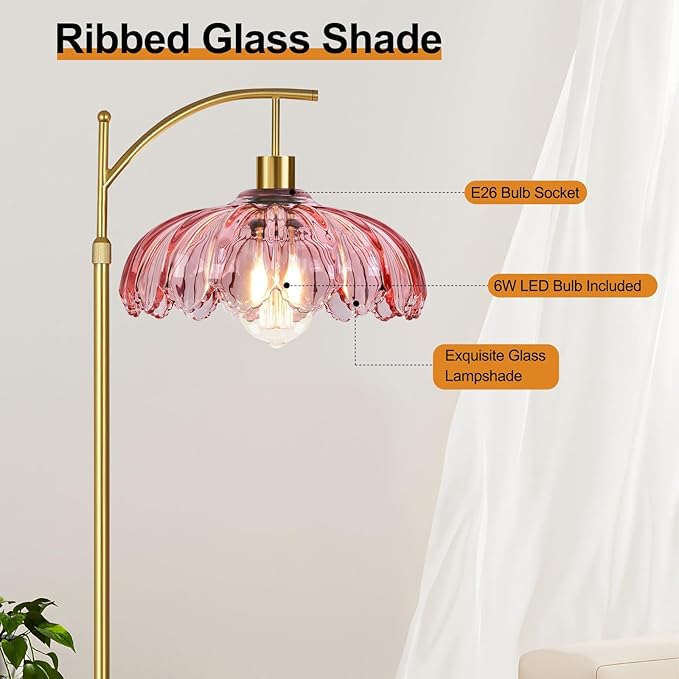 Pink Floor Lamp for Living Room,Bedroom,Gold Dimmable Standing Lamp with Remote,Mid Century Modern Brass Tall Lamp Boho Floor Lamps Arc Stained Glass Flower Floor Light Lamp Girls kids Bohemian