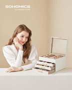 SONGMICS GISELLA Collection - Jewelry Box Organizer, 4-Layer Jewelry Storage with 3 Drawers, Shiny Metal Hardware, Glass Lid, Modern, 8 x 9.1 x 6.5 Inches, Cloud White and Gold Color UJBC173W01