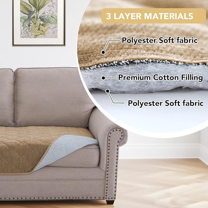 H.VERSAILTEX Couch Cover Chenille Pet Fuzzy Sofa Covers for 2 Cushion Couch Anti Slip Washable Sofa Slipcovers with Strap Soft Couch Protector Cover for Dogs Cats Kids(36" x 63",Khaki)