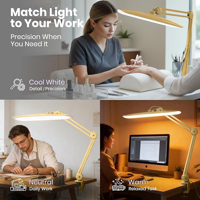 Neatfi XL Nail Desk Lamp with Clamp, 2200 Lumens, 20-Inch Wide Head, Dimmable 4 Levels, 3 Color Modes 3000K–6000K, LED Task Light for Manicure Table, Crafts, Workbench, Office (CCT, Gold)